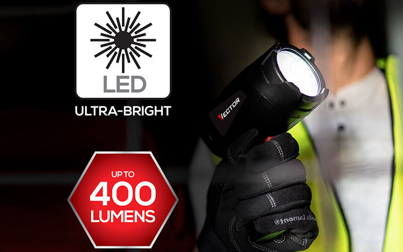 SL3WAKV product in use, man holding illuminated light, graphics LED Light and Up to 400 Lumens